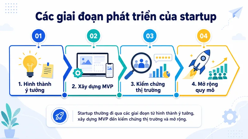 Startup thường đi qua các giai đoạn từ hình thành ý tưởng, xây dựng MVP đến kiểm chứng thị trường và mở rộng
