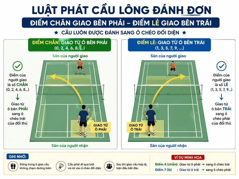 Trong đánh đơn, điểm chẵn giao bên phải và điểm lẻ giao bên trái, cầu luôn được đánh sang ô chéo đối diện.
