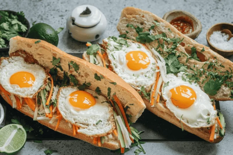 Bánh mì trứng ốp la kết hợp dưa leo và rau thơm là món sáng nhanh, dễ ăn