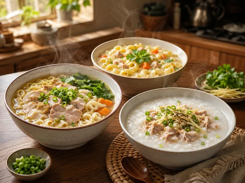 Mì, nui và cháo là nhóm món nóng dễ ăn, có thể hoàn thành trong khoảng 10–20 phút