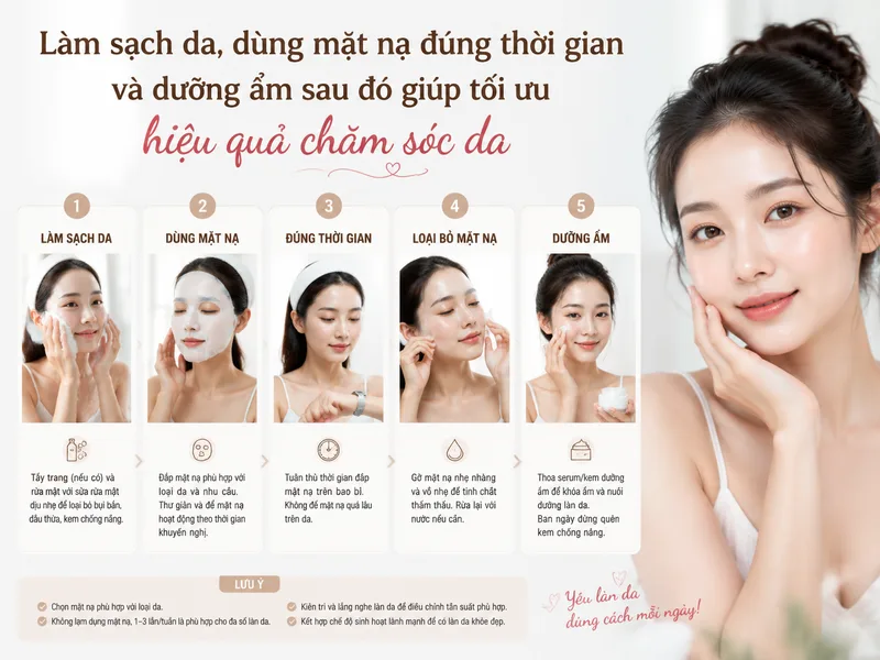 Làm sạch da, dùng mặt nạ đúng thời gian và dưỡng ẩm sau đó giúp tối ưu hiệu quả chăm sóc da.
