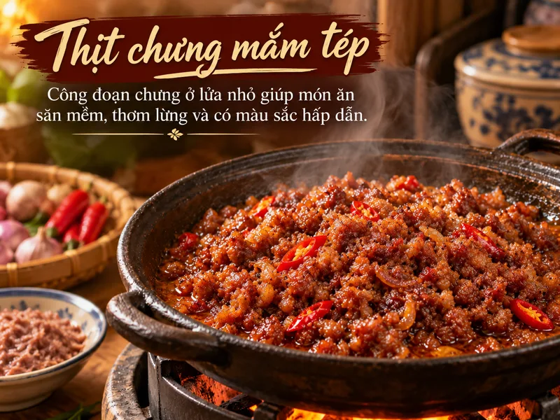 Công đoạn chưng thịt ở lửa nhỏ giúp món ăn săn mềm, thơm lừng và có màu sắc hấp dẫn.