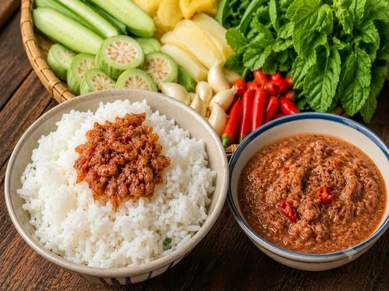Thịt chưng mắm tép thường được ăn cùng cơm nóng, rau luộc hoặc dưa chua để tăng hương vị.
